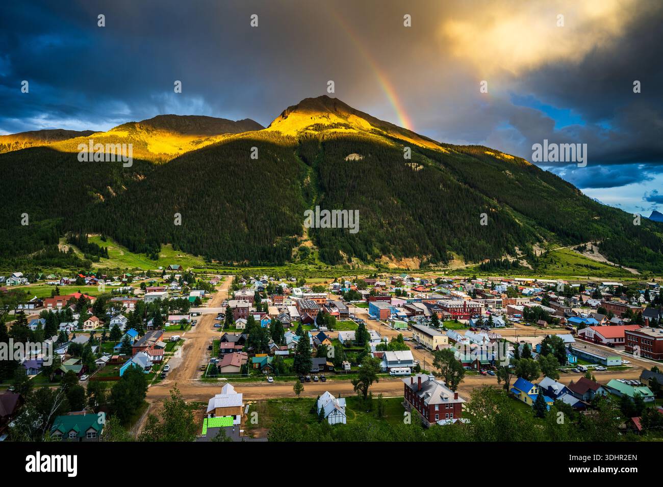 Rainbow Over Kendall Mountain During Silverton Sunset Stock Photo