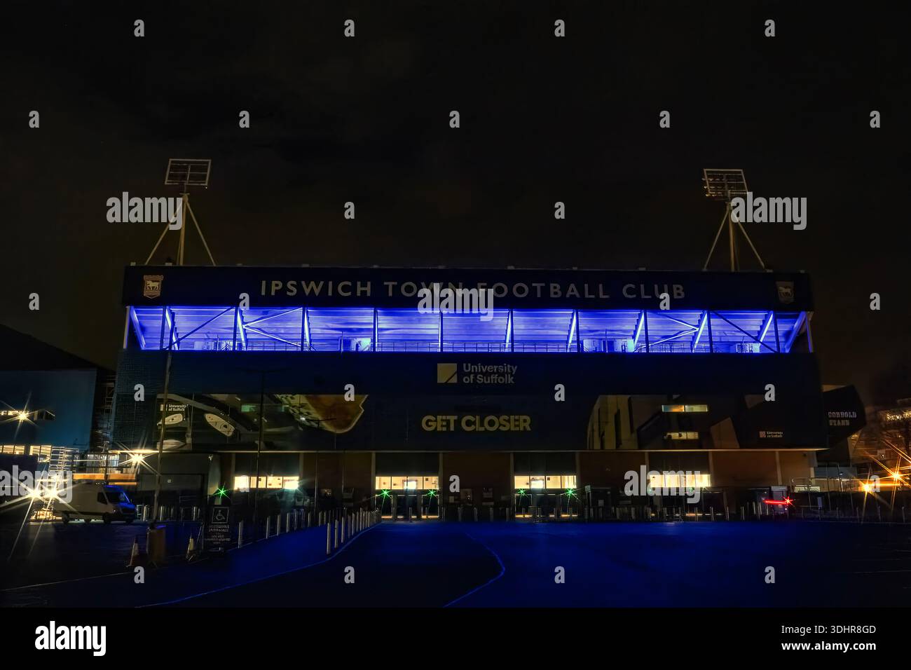 Portman Road, home of Ipswich Town FC, at night in Ipswich, Suffolk, UK - Stock Image