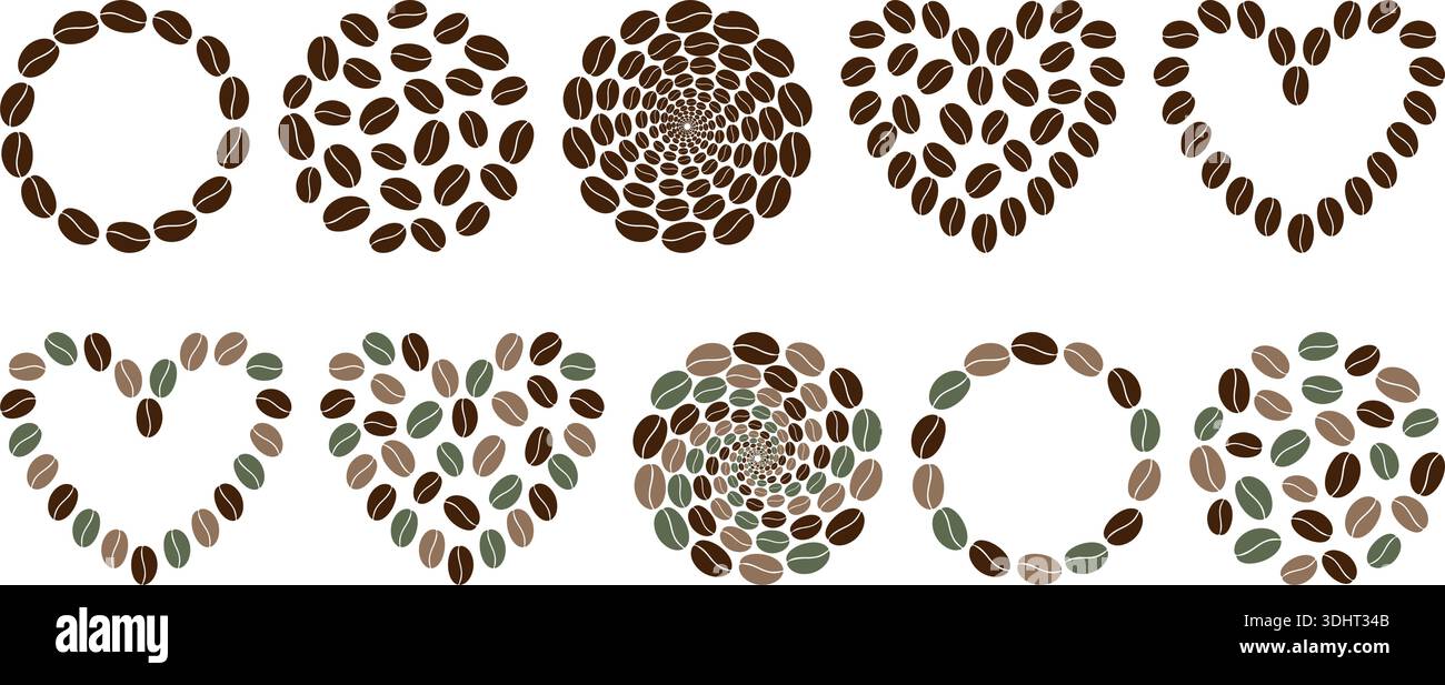 Circle and Heart shape Frame border and fill backdrop of Coffee bens Minimal Flat design element Set. Isolated Vector illustration Coffee Related Content Social media post Promo Banner, leaflet, label Stock Vector