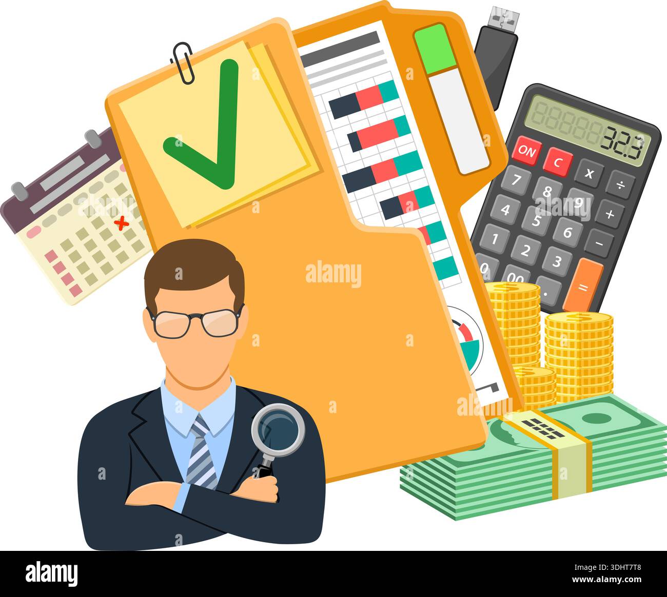 Auditing, Tax, Business Accounting Concept. Auditor Holds Magnifying Glass in Hand and folder with checked up Financial Reports, Calculator and money. Stock Vector