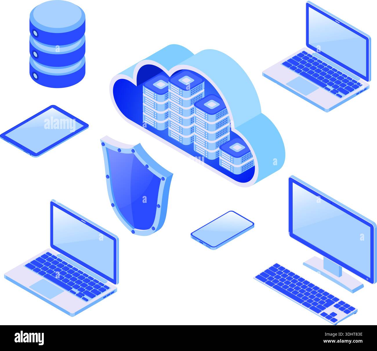 Cloud computing technology isometric concept with computer, laptop, mobile phone, tablet and shield icons. security cloud storage server. big data pro Stock Vector