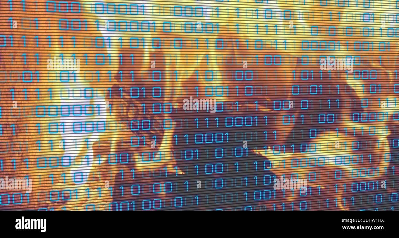 Displaying cyan binary digits over orange flames on screen, showing scanlines and charred forms Stock Photo