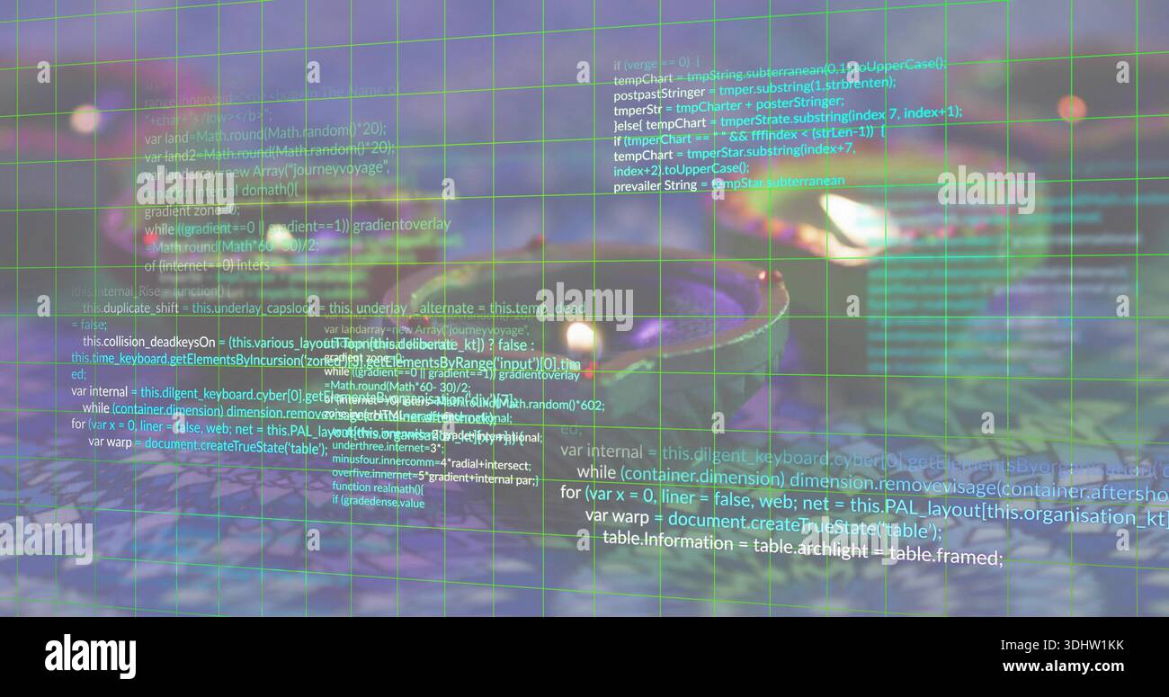 Displaying green grid centering over pebble shoreline, showing floating JavaScript code blocks Stock Photo