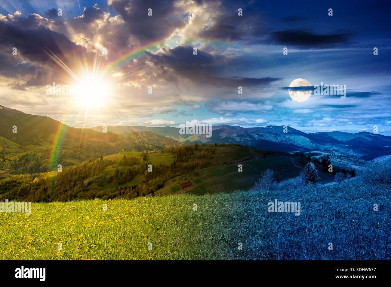 springtime weather in mountains. day and night time change concept. countryside landscape with sun and moon at twilight. grassy alpine meadow with dan Stock Photo