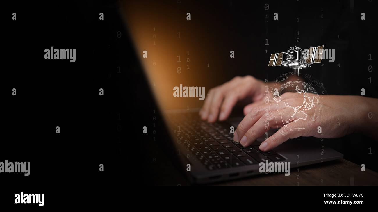 Space based data center concept. Man using laptop with orbital satellite orbiting around the globe. Information storage technology, AI computing infra Stock Photo