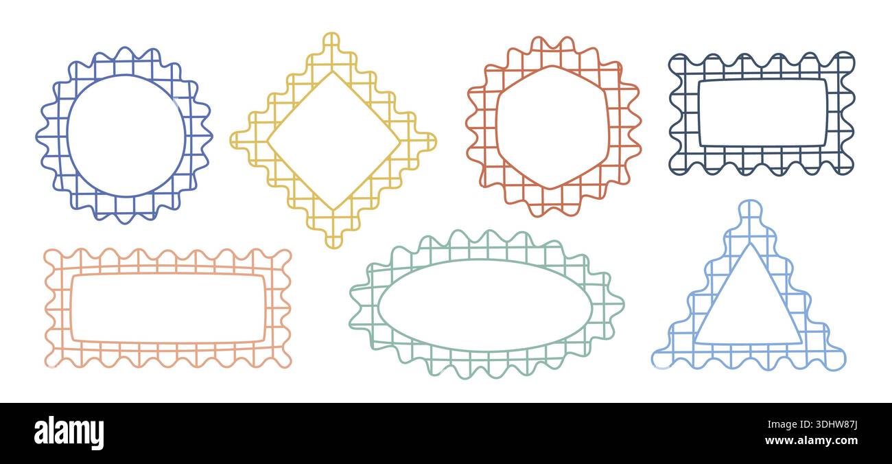 Hand drawn checkered geometric shapes, figures. Cute y2k squiggle frames. Bold bordered vector frameworks, rectangle, triangle. Stock Vector