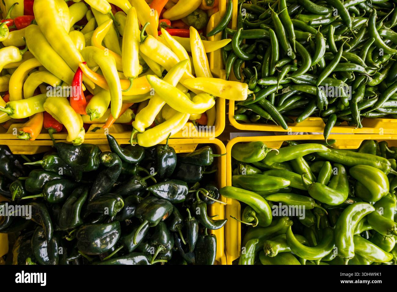 Overview of varieties of chili peppers on a market stall Stock Photo ...