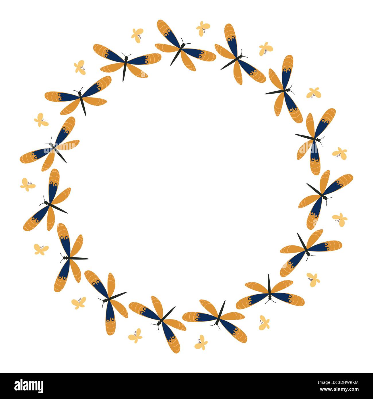 Summer round frame with bright yellow dragonflies. Spring illustration of insects and butterflies in a flat style. Stock Vector