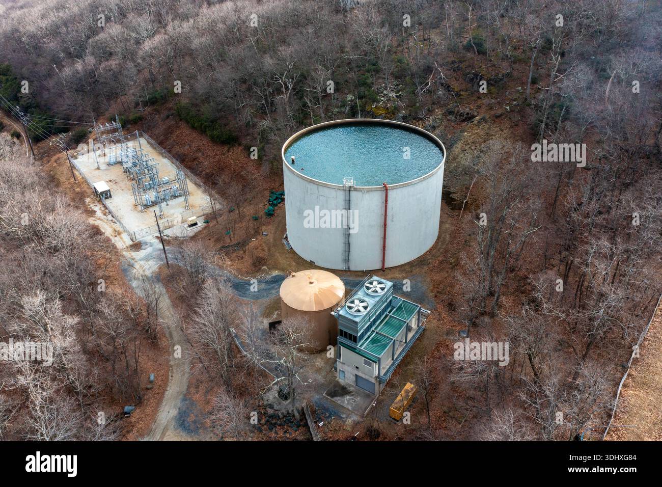 Aerial View of a Water Storage Tank and Power Substation in a Forest at Wintergreen Resort Stock Photo