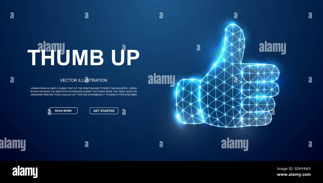 Digital thumbs up hand in glowing wireframe polygon mesh. Futuristic design for approval, like, or feedback concepts Stock Vector