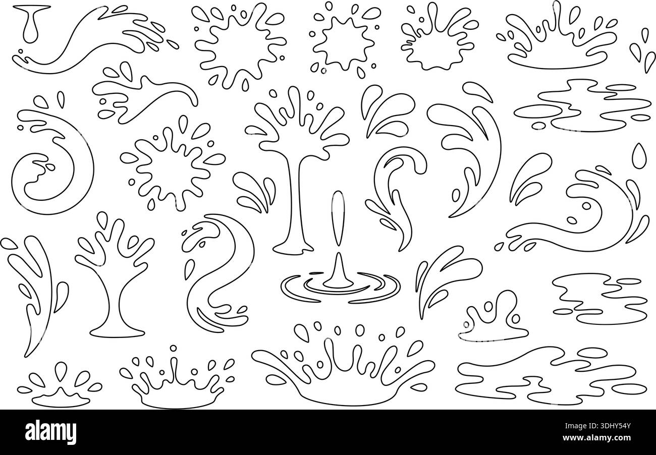 Outline set of water splashes and droplets. Black line vector fluid ...