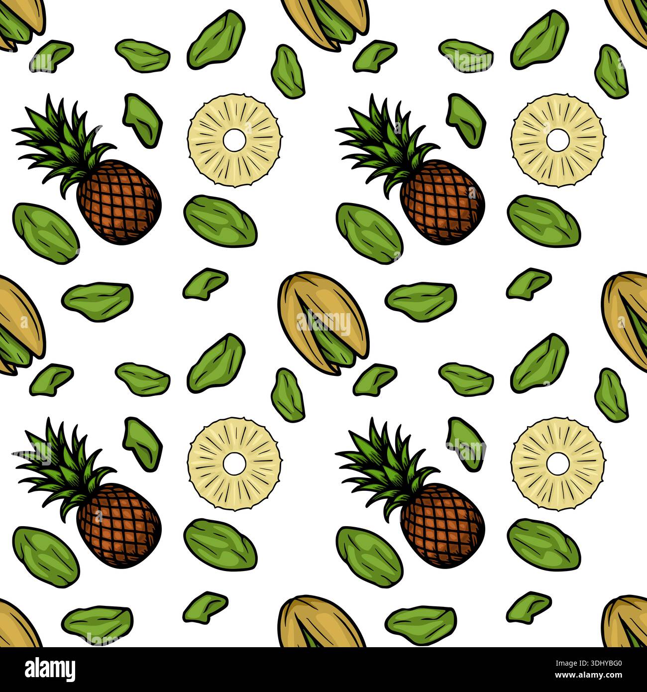 Seamless vector pattern of whole pineapples, sliced pineapple rings, and green pistachios scattered on a white background. Stock Vector