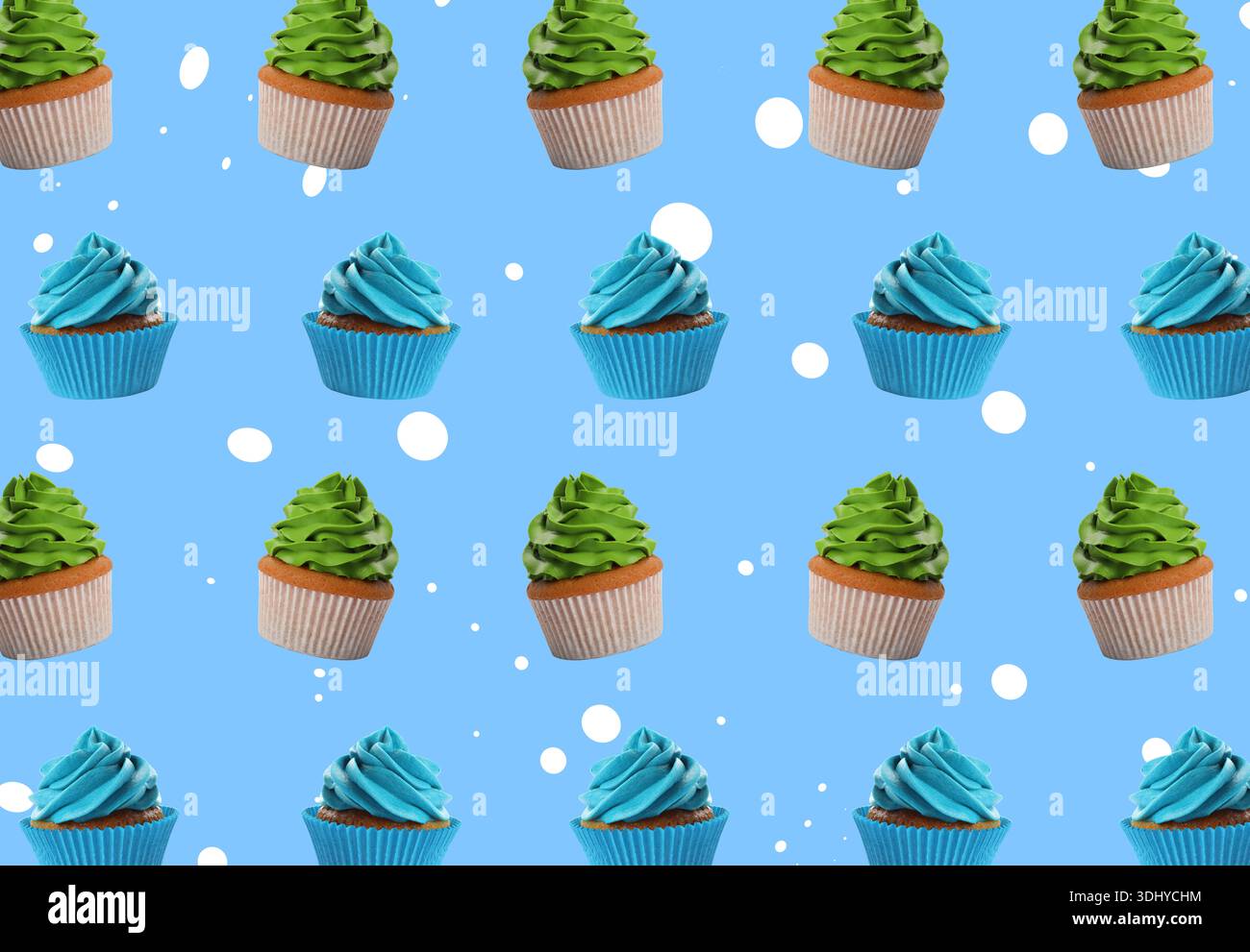 Pattern of tasty cupcakes on blue background Stock Photo