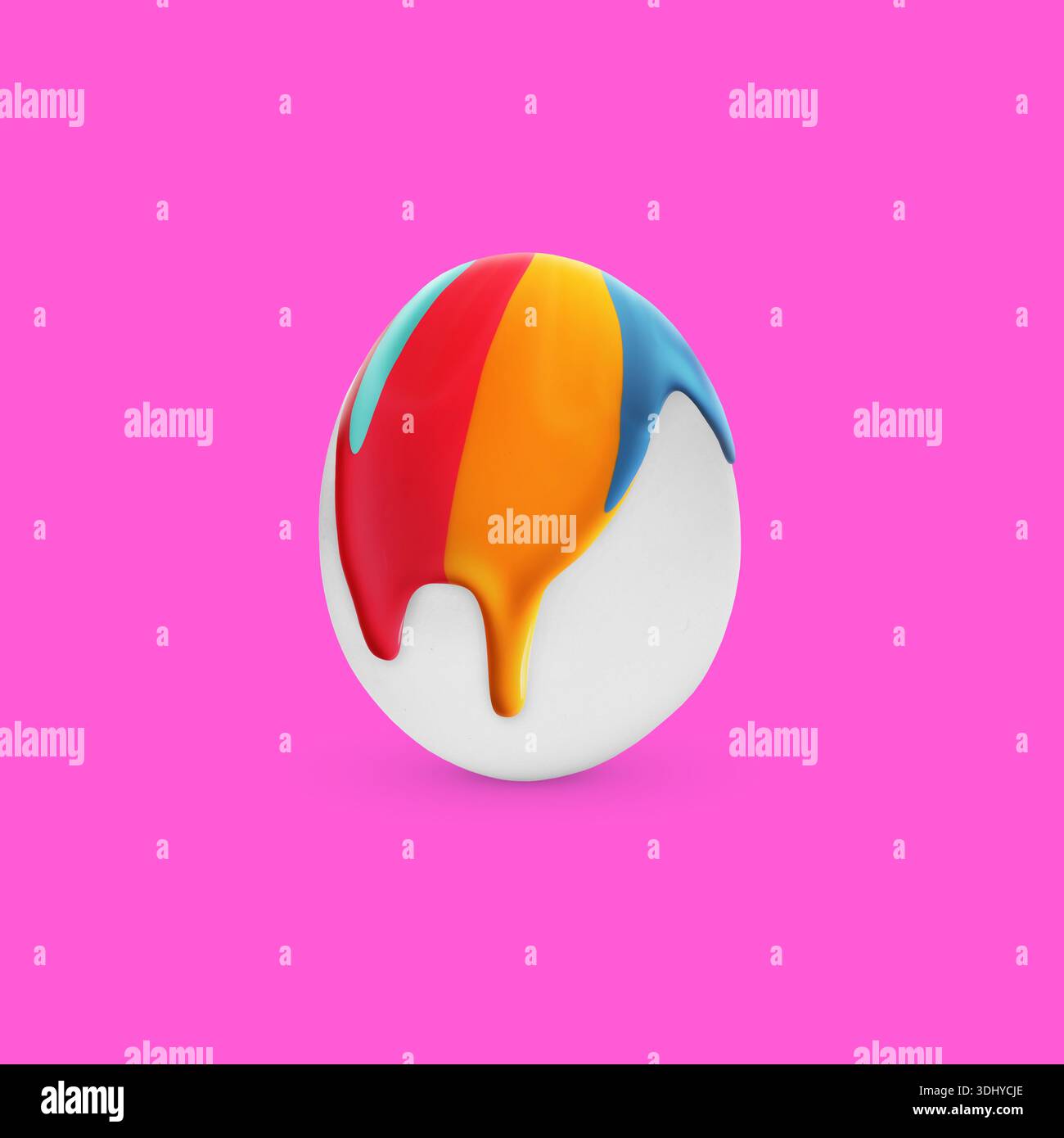 Colorful paint dripping down egg on pink background. Easter celebration Stock Photo