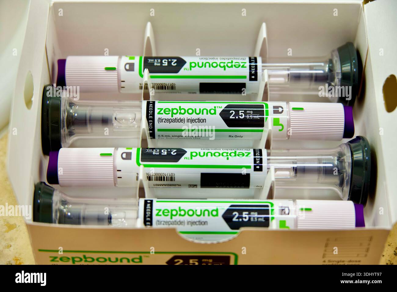 Fairfax, Virginia, USA - January 23, 2026: Box of four new Zepbound ( tirzepatide) prescription medicine auto-injectors for weight management  Stock Photo