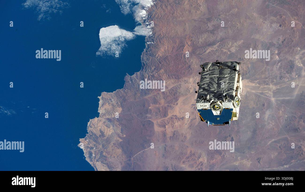 An external pallet packed with old nickel-hydrogen batteries having been released by the CanadaArm2 from the International Space Station on 11 March 2021. The pallet will orbit Earth between two to four years before burning up harmlessly in the atmosphere. An optimised version of an original NASA image: Credit: NASA Stock Photo
