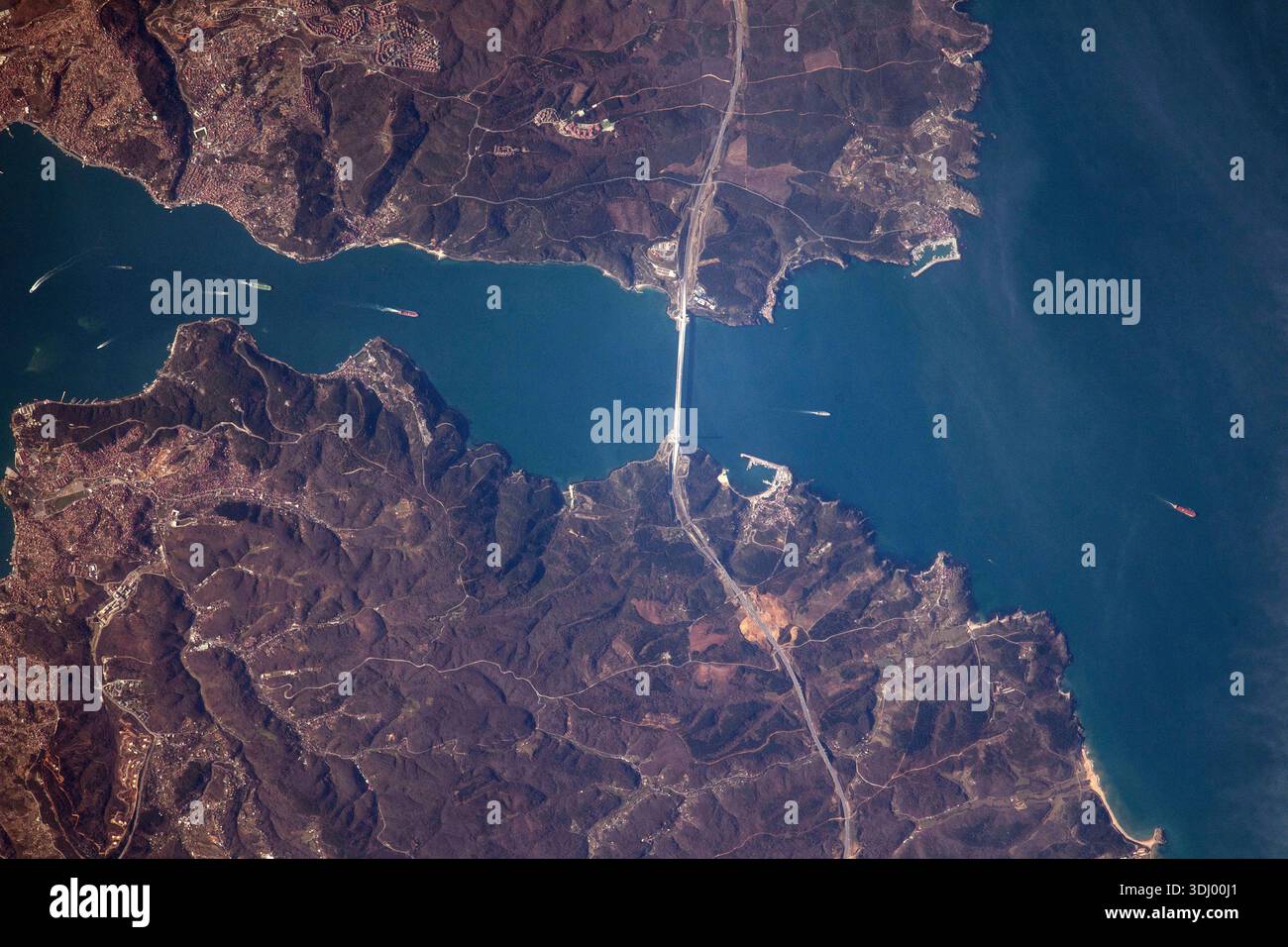 The northern portion of Turkey's Bosporus Strait crossed by the Yavuz Sultan Selim Bridge leads into the Black Sea in this photograph from the International Space Station (ISS) A photograph taken from the International Space Station on 14 February 2023. An optimised version of an original NASA image: Credit: NASA/JAXA/KWakata. Editorial Use Only. Stock Photo