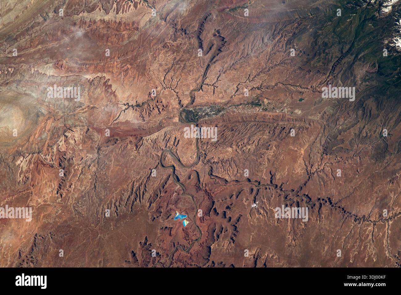 Moab, Utah, showing the area near Arches and Canyonlands National Parks from an orbital altitude of 258 miles above Earth. A photograph taken from the International Space Station on 12 June 2023. An optimised version of an original NASA image: Credit: NASA Stock Photo