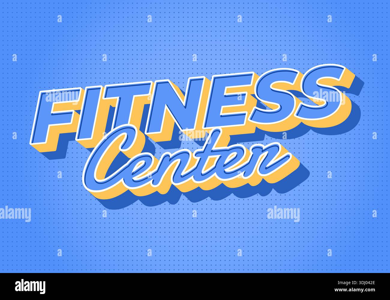 Retro style text graphic with Fitness Center in bold, layered typography on a blue dotted background. - Stock Image