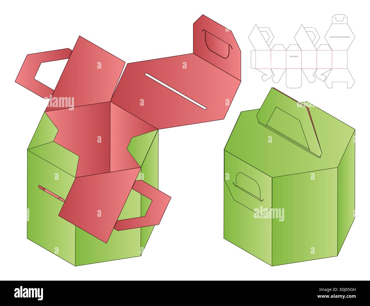 Hexagonal Handle Box Packaging Mockup with dieline Template Stock Vector