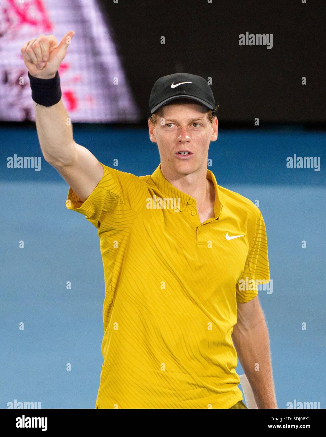 Melbourne, Australia. 24th Jan, 2026. 2nd seed JANNIK SINNER of Italy celebrates after defeating ELIOT SPIZZIRRI of the USA on Rod Laver Arena in a Men's Singles 3rd round match on day 7 of the 2026 Australian Open in Melbourne, Australia. SINNER won 46 63 64 64. Sydney Low/Cal Sport Media/Alamy Live News Stock Photo