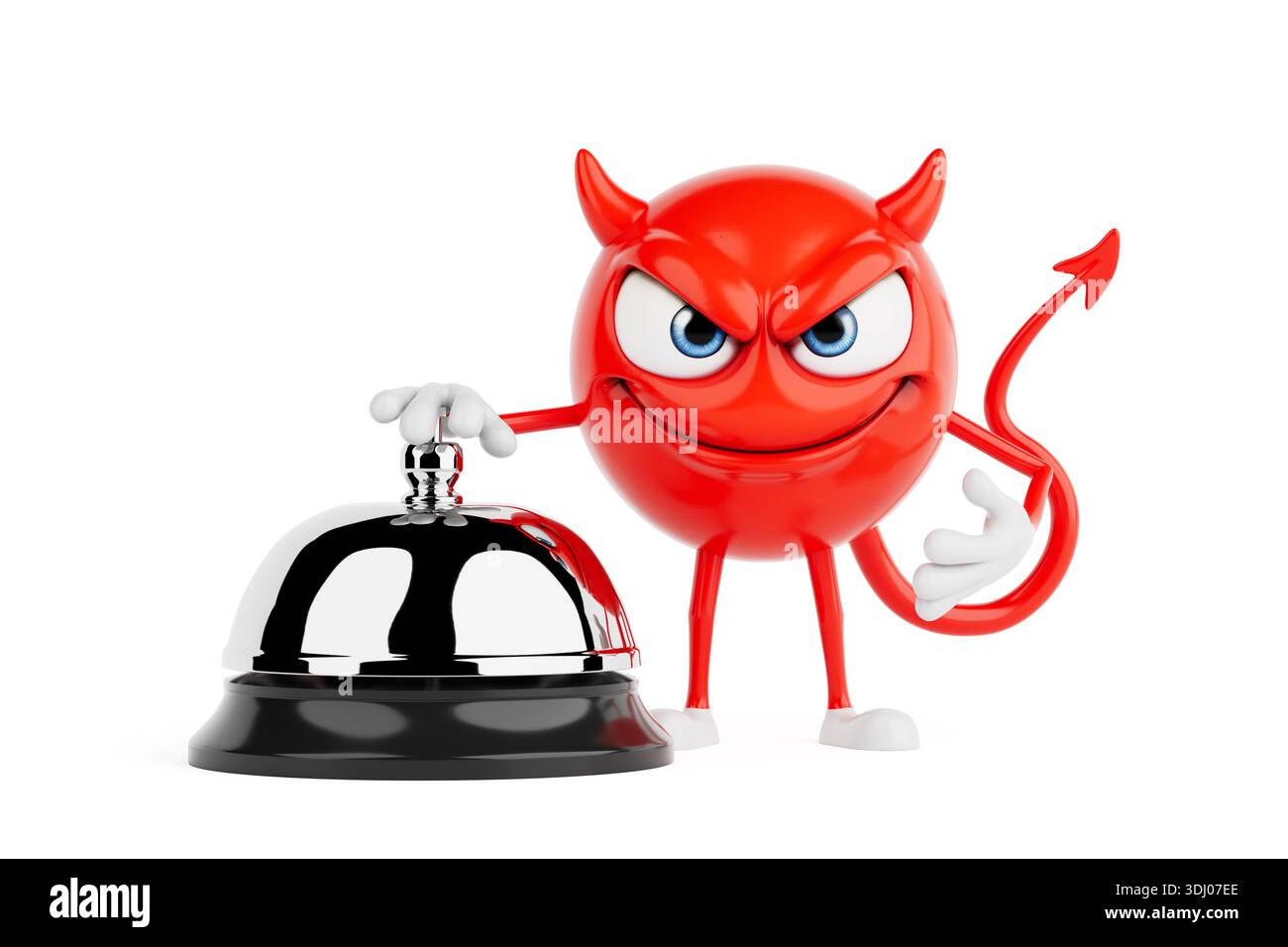 Service And Attention Concept. Red Devil Emoji Character Pressing Call Bell On White Background. 3d Rendering Stock Photo
