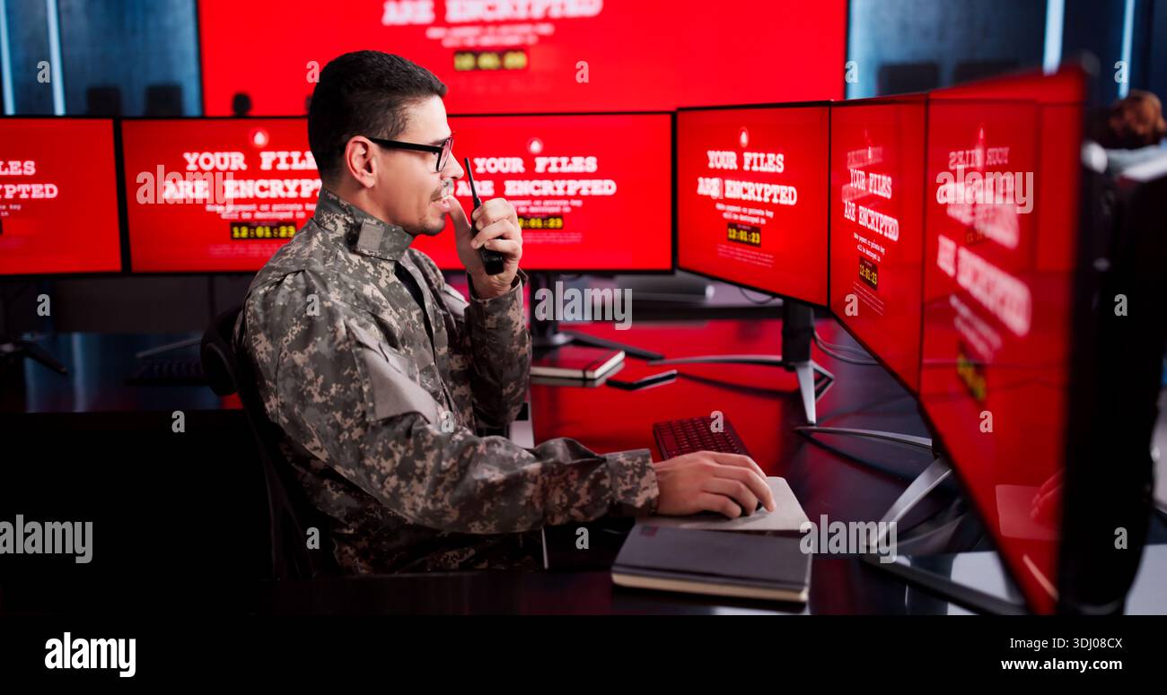 Chaos At Cyber Security Command Center As Ransomware Attack Strikes. Stock Photo