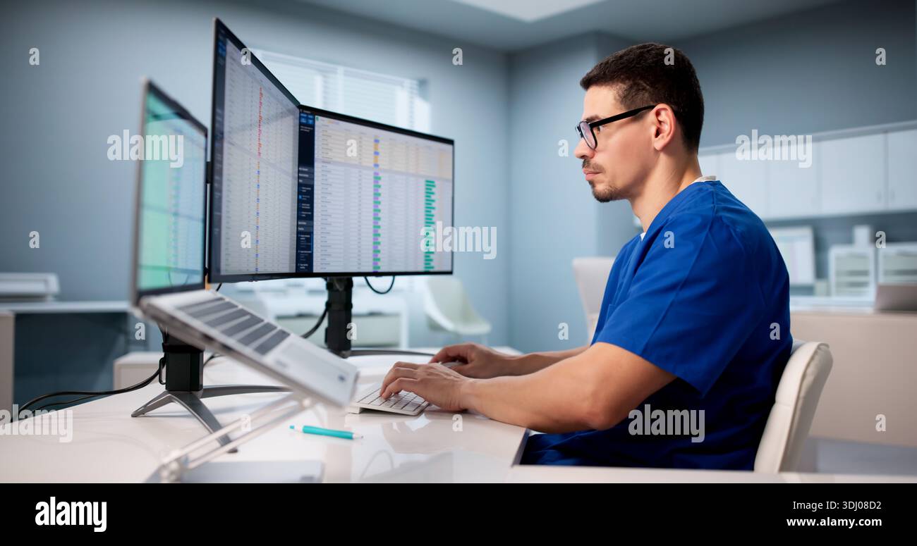 Hispanic Doctor Using Spreadsheet To Manage Medical Billing Data Efficiently Stock Photo
