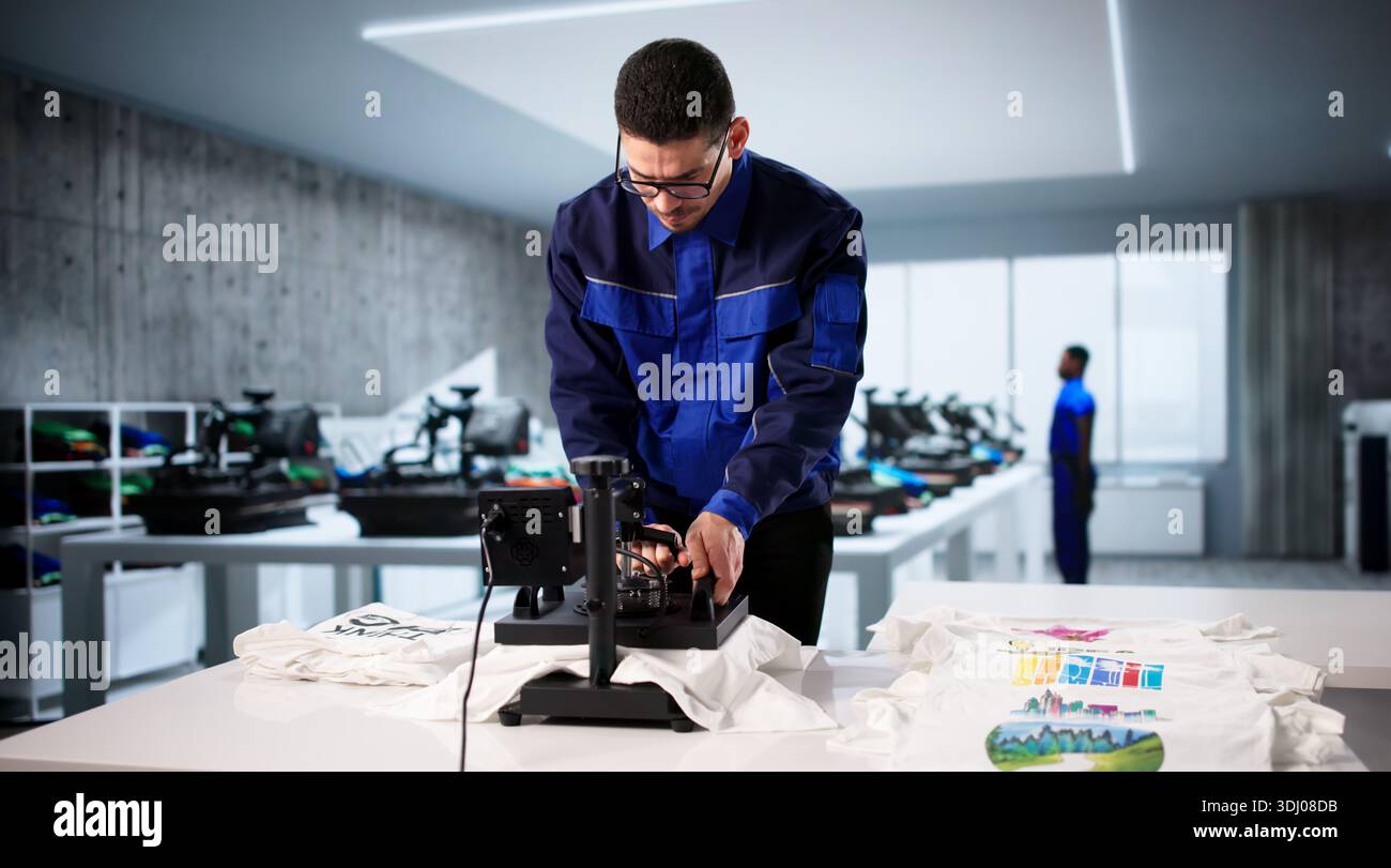 Young Man Operating Custom Digital Print T-shirt Press Machine In Workshop. Stock Photo