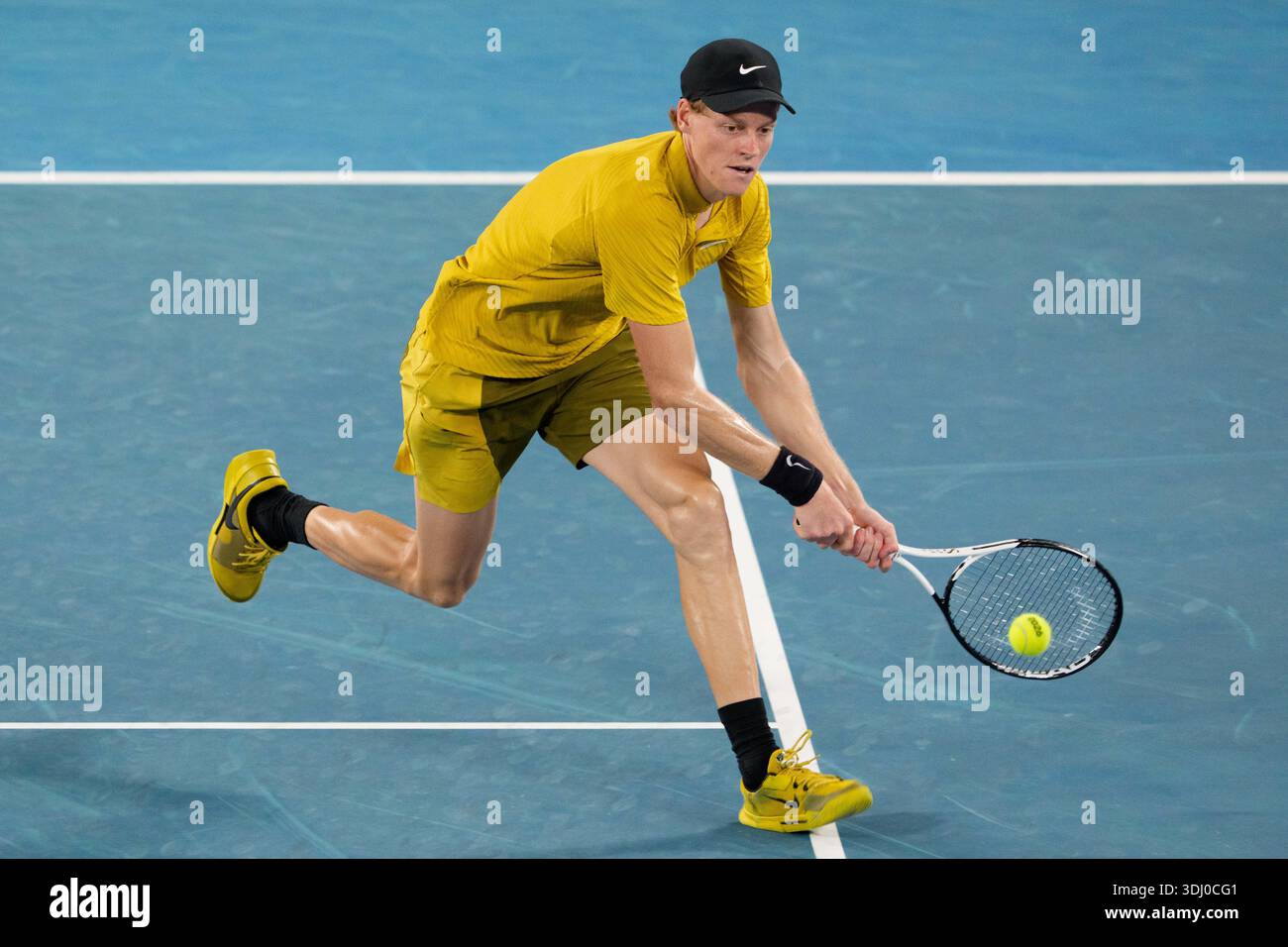Melbourne, Australia. 24th Jan, 2026. 2nd seed JANNIK SINNER of Italy in action against ELIOT SPIZZIRRI of the USA on Rod Laver Arena in a Men's Singles 3rd round match on day 7 of the 2026 Australian Open in Melbourne, Australia. SINNER won 46 63 64 64. Sydney Low/Cal Sport Media/Alamy Live News Stock Photo
