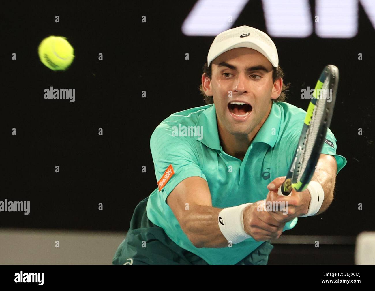 Melbourne, Victoria, Australia. 24th Jan, 2026. ELIOT SPIZZIRRI of USA during the match against J. Sinner of Italy in the third round of Australian Open, Melbourne, Australia. Spizzirri lost 6:4, 3:6, 4:6, 4:6. (Credit Image: © Marcin Cholewinski/ZUMA Press Wire) EDITORIAL USAGE ONLY! Not for Commercial USAGE! Stock Photo