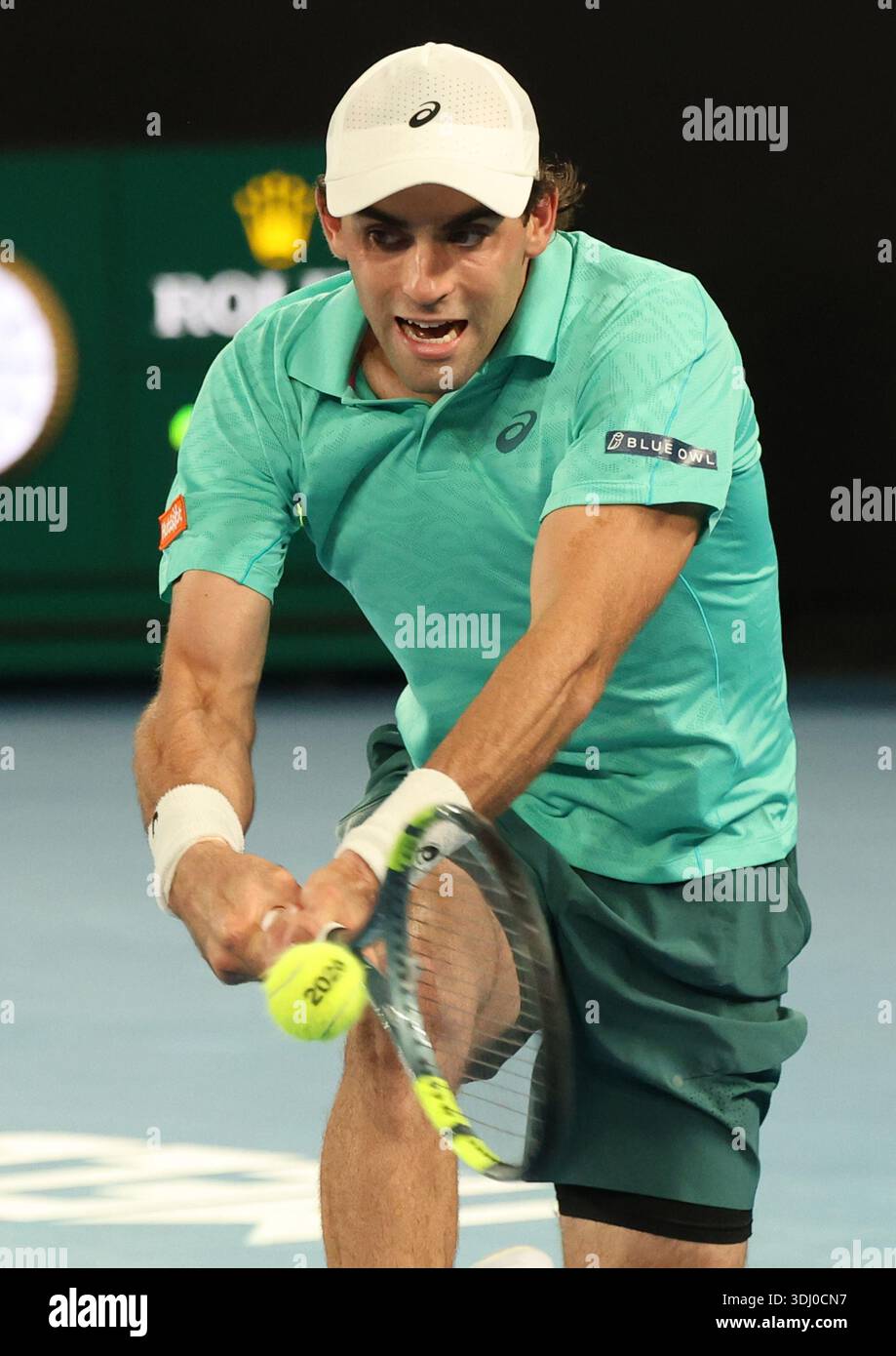 Melbourne, Victoria, Australia. 24th Jan, 2026. ELIOT SPIZZIRRI of USA during the match against J. Sinner of Italy in the third round of Australian Open, Melbourne, Australia. Spizzirri lost 6:4, 3:6, 4:6, 4:6. (Credit Image: © Marcin Cholewinski/ZUMA Press Wire) EDITORIAL USAGE ONLY! Not for Commercial USAGE! Stock Photo