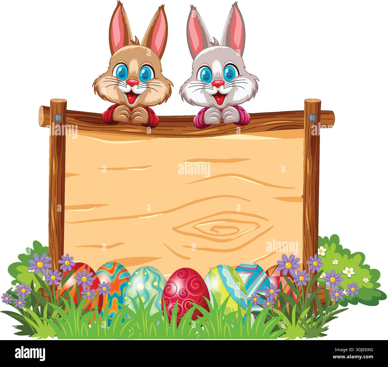 Vector illustration of two smiling rabbits behind a wooden board with decorated Easter eggs Stock Vector