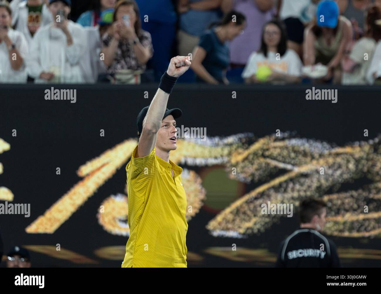 Melbourne, Australia. 24th Jan, 2026. Jannik Sinner of Italy reacts after winning the men's singles 3rd round match between Jannik Sinner of Italy and Eliot Spizzirri of the United States at the Australian Open tennis tournament in Melbourne, Australia, Jan. 24, 2026. Credit: Hu Jingchen/Xinhua/Alamy Live News Stock Photo