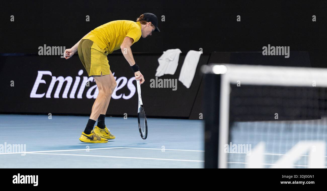 Melbourne, Australia. 24th Jan, 2026. Jannik Sinner of Italy cramps during the men's singles 3rd round match between Jannik Sinner of Italy and Eliot Spizzirri of the United States at the Australian Open tennis tournament in Melbourne, Australia, Jan. 24, 2026. Credit: Hu Jingchen/Xinhua/Alamy Live News Stock Photo