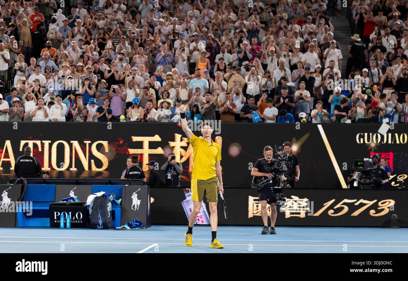 Melbourne, Australia. 24th Jan, 2026. Jannik Sinner of Italy reacts after winning the men's singles 3rd round match between Jannik Sinner of Italy and Eliot Spizzirri of the United States at the Australian Open tennis tournament in Melbourne, Australia, Jan. 24, 2026. Credit: Hu Jingchen/Xinhua/Alamy Live News Stock Photo