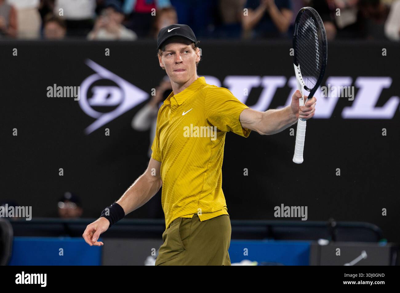 Melbourne, Australia. 24th Jan, 2026. Jannik Sinner of Italy reacts after winning the men's singles 3rd round match between Jannik Sinner of Italy and Eliot Spizzirri of the United States at the Australian Open tennis tournament in Melbourne, Australia, Jan. 24, 2026. Credit: Hu Jingchen/Xinhua/Alamy Live News Stock Photo