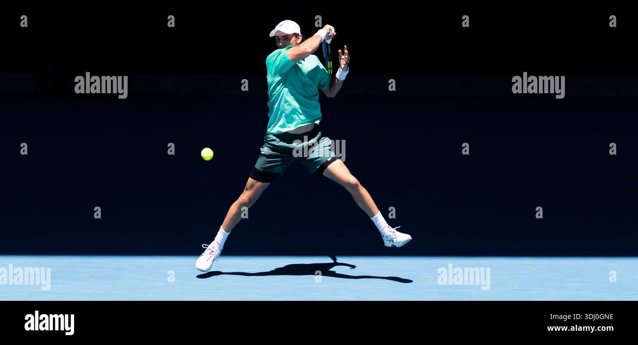 Melbourne, Australia. 24th Jan, 2026. Eliot Spizzirri of the United States competes during the men's singles 3rd round match between Jannik Sinner of Italy and Eliot Spizzirri of the United States at the Australian Open tennis tournament in Melbourne, Australia, Jan. 24, 2026. Credit: Hu Jingchen/Xinhua/Alamy Live News Stock Photo