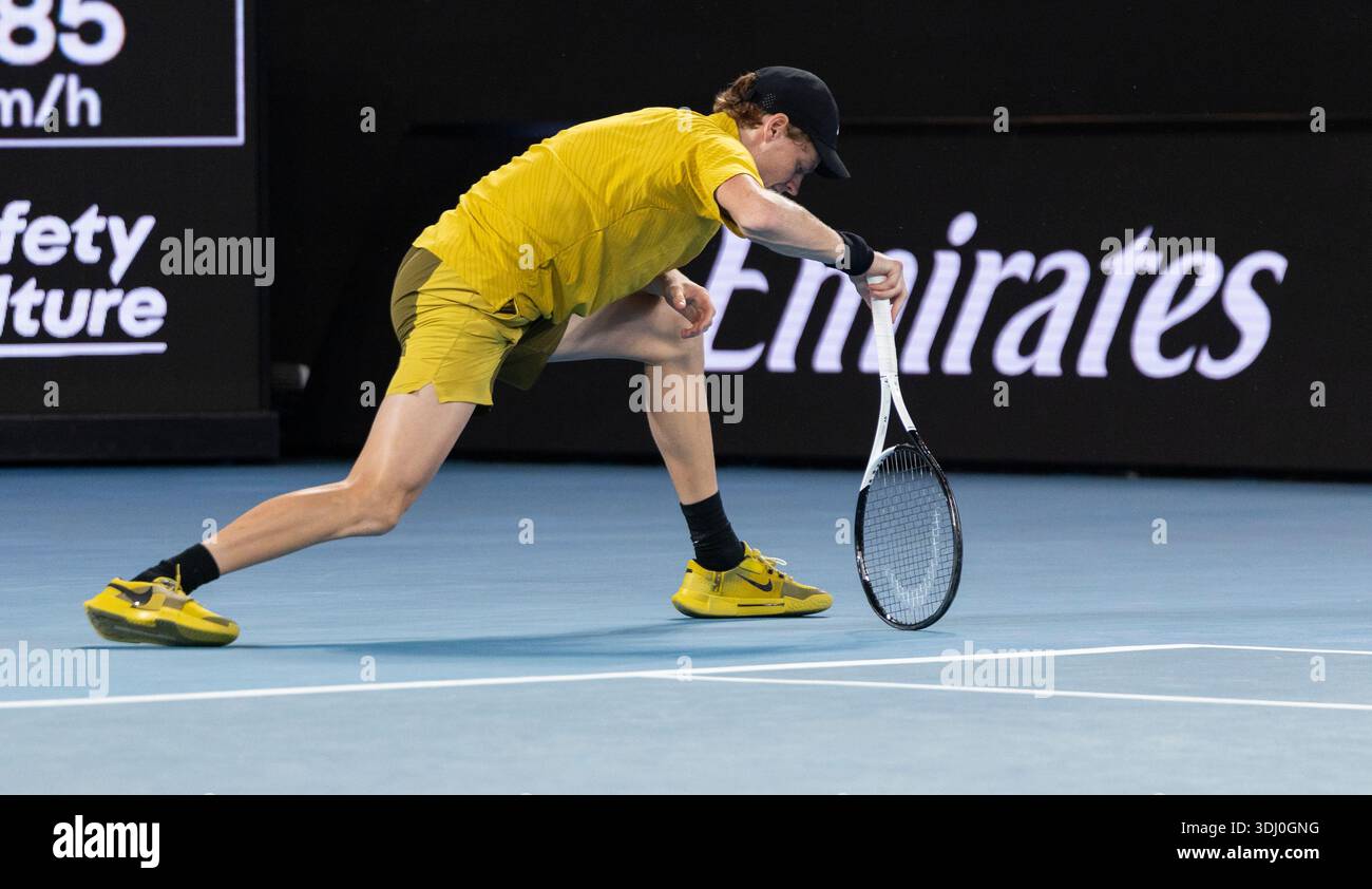 Melbourne, Australia. 24th Jan, 2026. Jannik Sinner of Italy cramps during the men's singles 3rd round match between Jannik Sinner of Italy and Eliot Spizzirri of the United States at the Australian Open tennis tournament in Melbourne, Australia, Jan. 24, 2026. Credit: Hu Jingchen/Xinhua/Alamy Live News Stock Photo