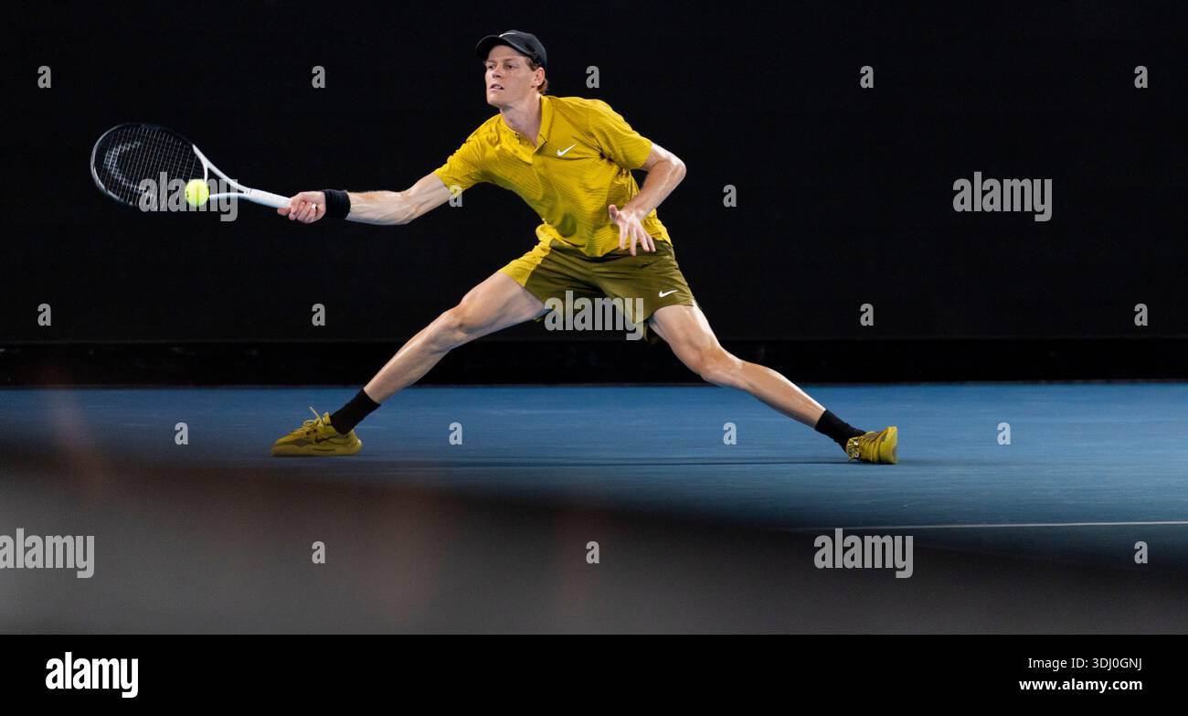 Melbourne, Australia. 24th Jan, 2026. Jannik Sinner of Italy competes during the men's singles 3rd round match between Jannik Sinner of Italy and Eliot Spizzirri of the United States at the Australian Open tennis tournament in Melbourne, Australia, Jan. 24, 2026. Credit: Hu Jingchen/Xinhua/Alamy Live News Stock Photo