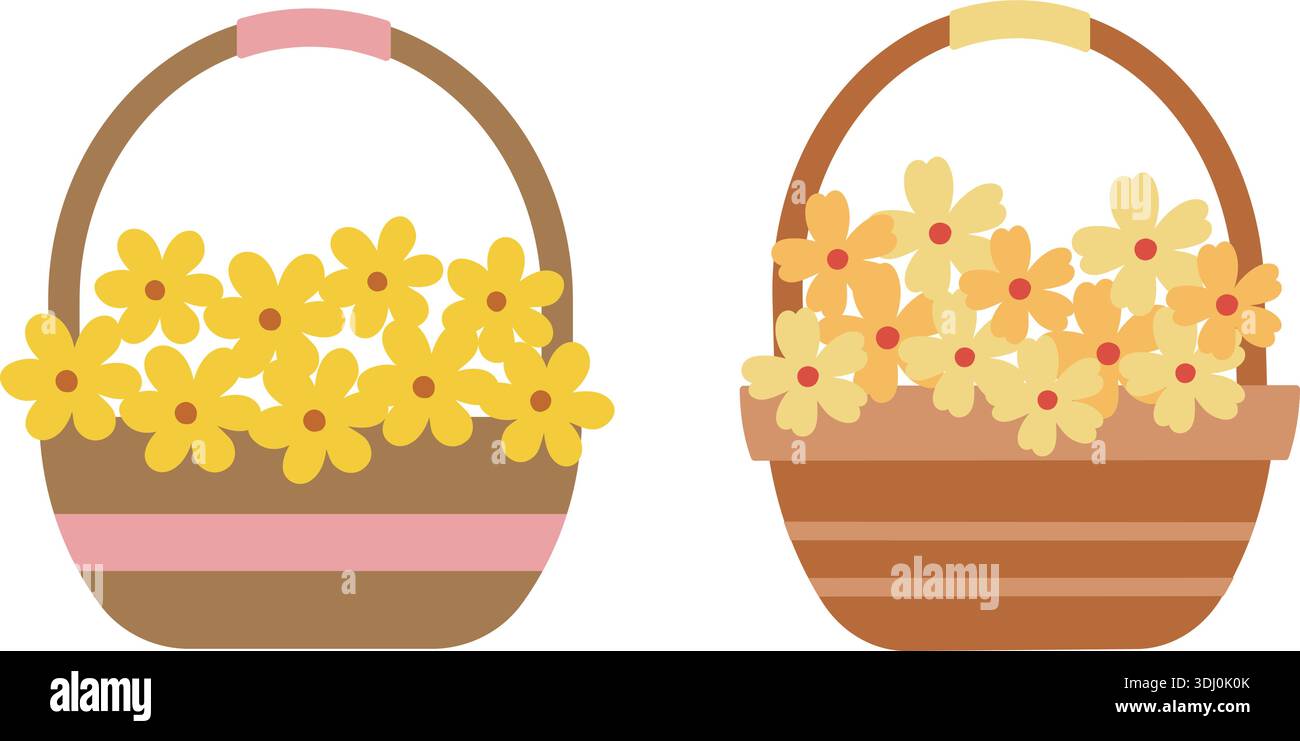 Flowers with basket Icon clip art set. Spring garden floral in baskets ...