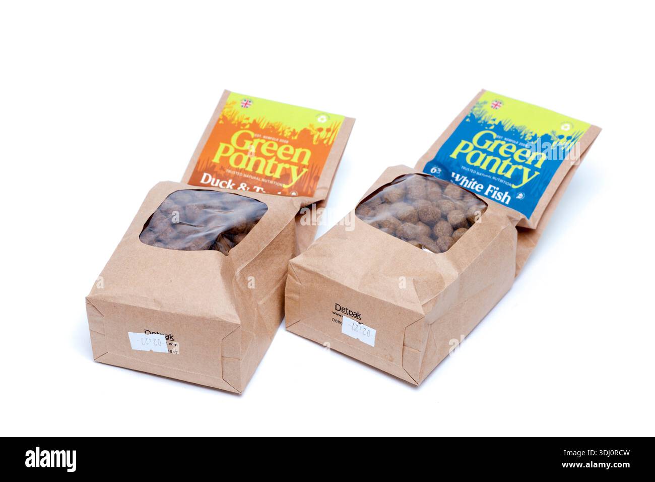 Two bags of Green Pantry dog food  white fish and duck and turkey Stock Photo