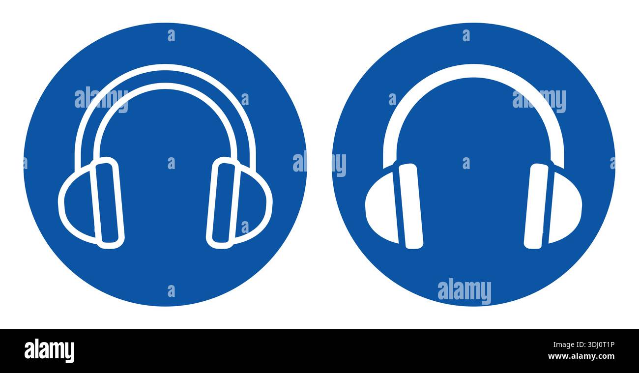 Two minimalist headphone icons displayed on blue circles with a clean white background. Perfect for music, audio, and technology-related projects. Stock Vector