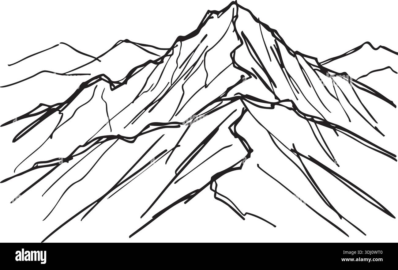 Black line drawing of a rugged mountain ridge with layered peaks