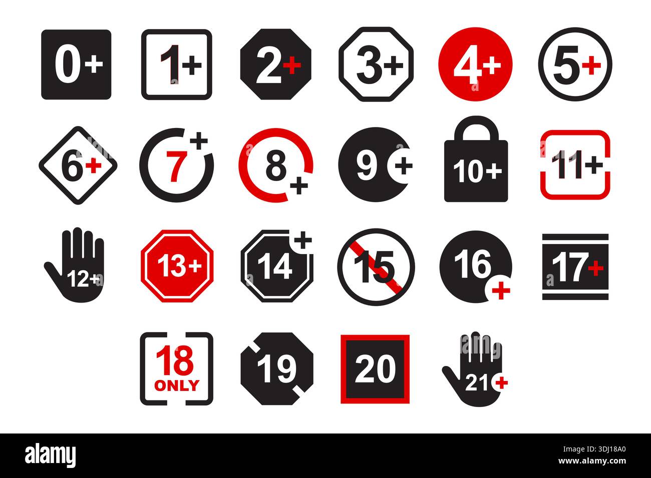 Age restriction label with warning symbols for parental guidance ...