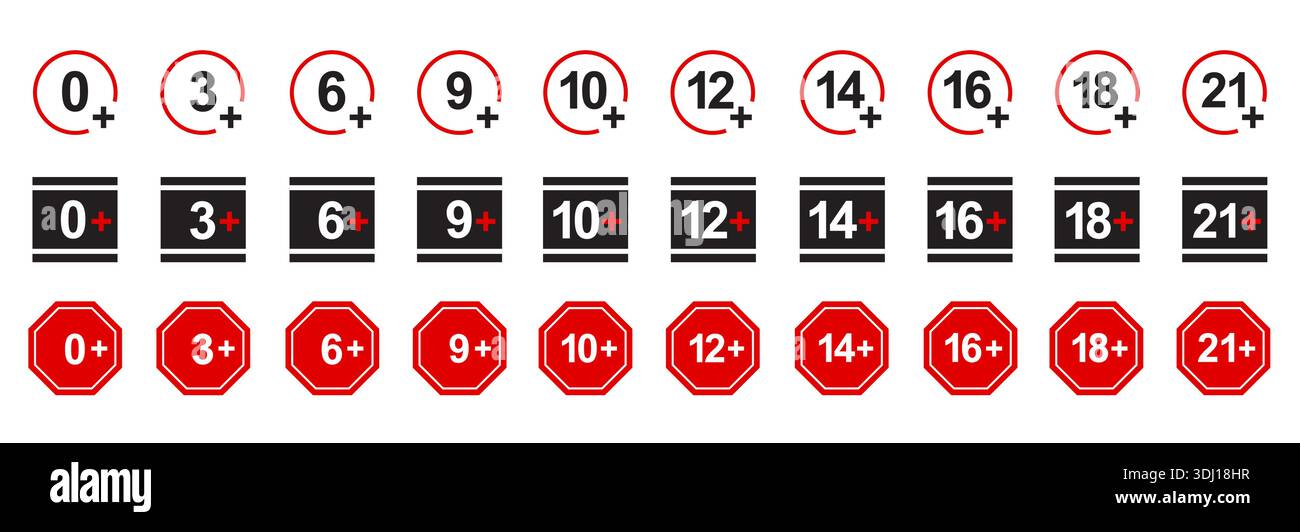 Age rating icons, warning labels and parental guidance badges for ...