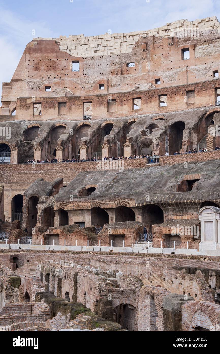 Interior view of the Colosseum in Rome showing arches, brick walls and ...
