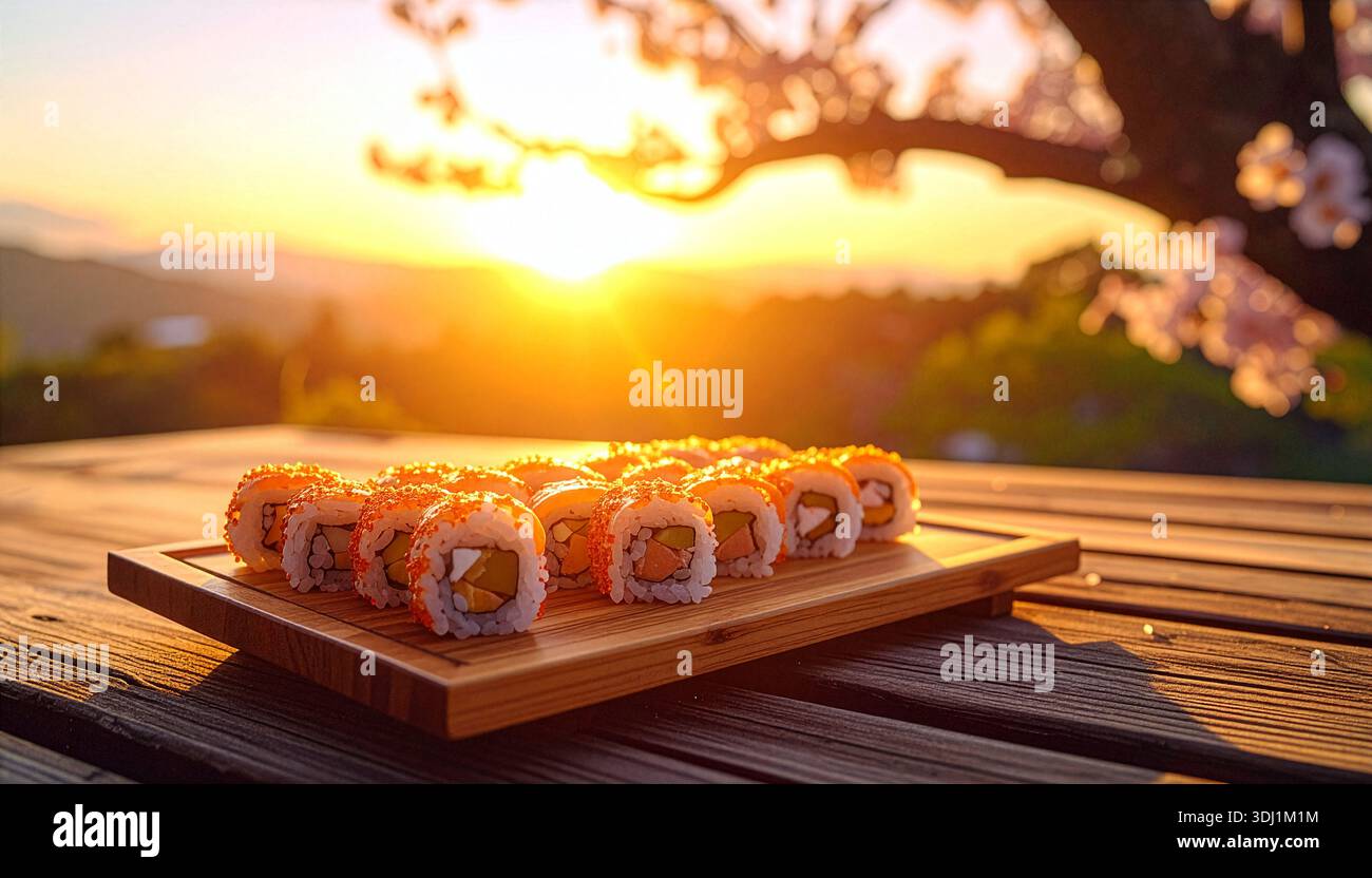 An elegant wooden board filled with assorted sushi, vibrant rolls and ...