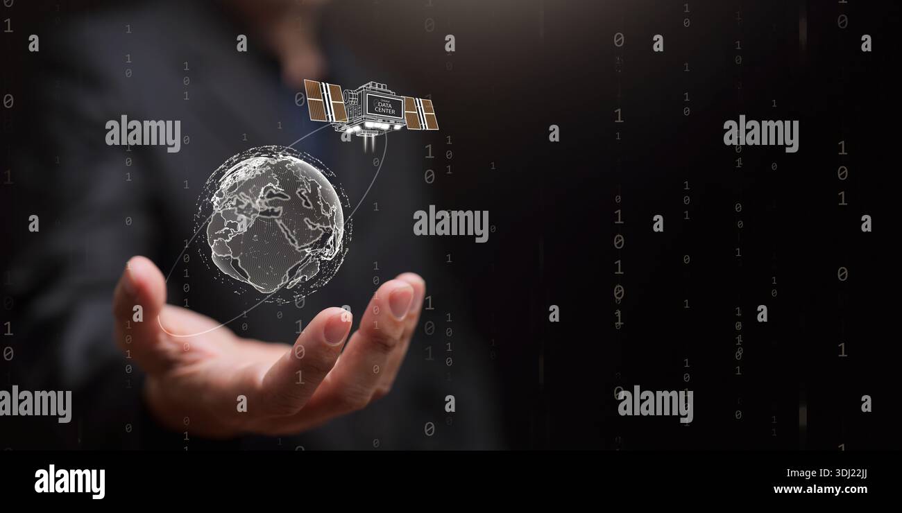 Data center powered by solar energy concept. Hand holds earth with ...