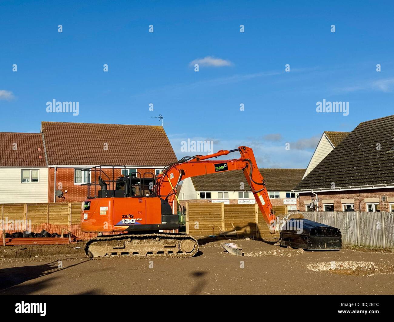 Kesgrave, Suffolk - 24 January 2026 : Quiet on a construction site on a Saturday afternoon. Elliston Steady Hawes building a Co oP supermarket. - Smartphone Captured Stock Image
